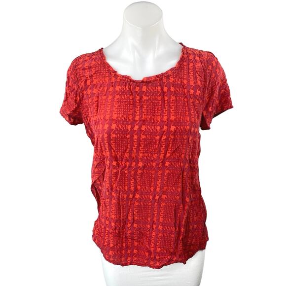 Joie 100% Silk Red Plaid Houndstooth Checkered Short Sleeve Blouse Shirt Top S - Picture 1 of 4